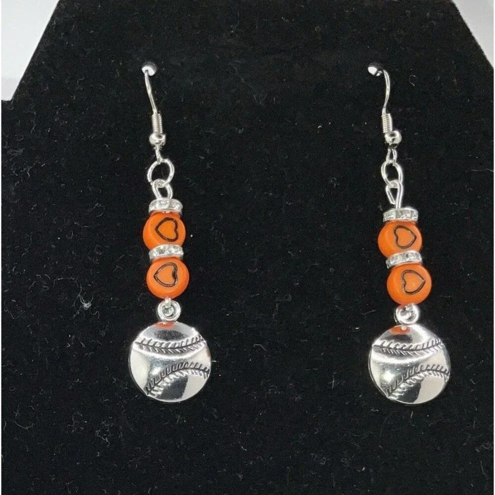 Baseball, Softball W/ Org. Hearts Hook Earrings Shiny Finish Silver PlayBall New